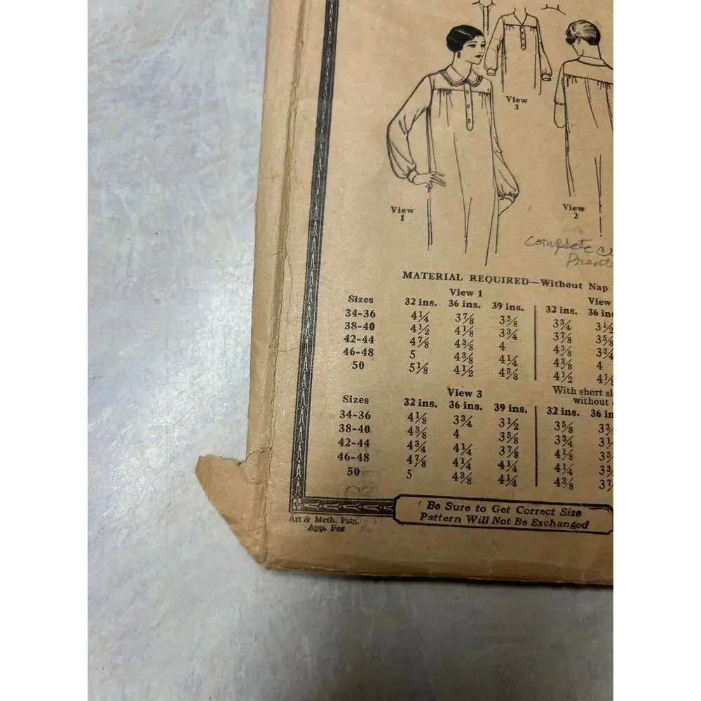 Antique 1920's-30's Pictorial Review Pattern #3531 Ladies‎ Nightgown